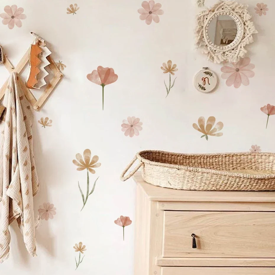 oho Flowers Wall Stickers Child Watercolor Bedroom Living Room Home Decor Art Eco-frienly Removable Decals PVC Murals